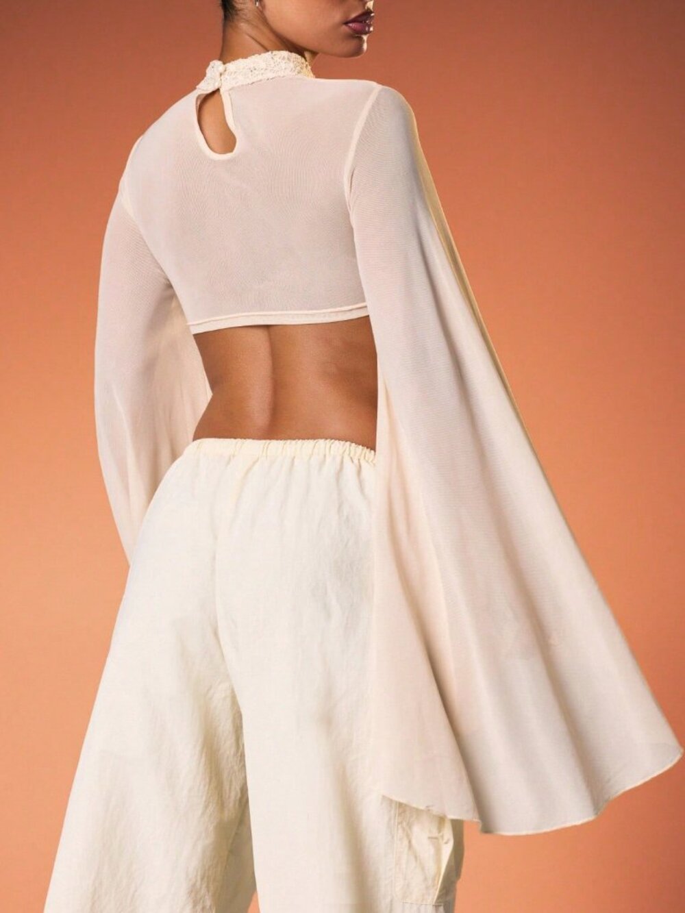 White Party Women's Crop Top with Waterfall Sleeves - Picture 3 of 5